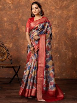 Akhilam - Women Silk Blend Multi Color Printed Designer Saree with Unstitched Blouse