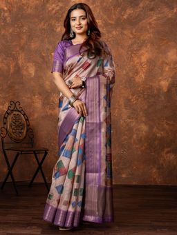 Akhilam - Women Silk Blend Beige Printed Designer Saree with Unstitched Blouse
