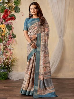 Akhilam - Women Silk Blend Blue Printed Saree with Unstitched Blouse
