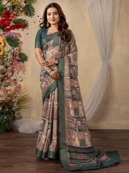 Akhilam - Women Silk Blend Beige Printed Saree with Unstitched Blouse