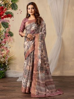 Akhilam - Women Silk Blend Beige Printed Saree with Unstitched Blouse