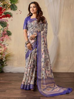 Akhilam - Women Silk Blend Beige Printed Saree with Unstitched Blouse