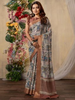 Akhilam - Women Silk Blend Beige Printed Saree with Unstitched Blouse