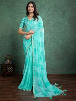 Akhilam - Women Georgette Light Blue Printed Designer Saree with Unstitched Blouse