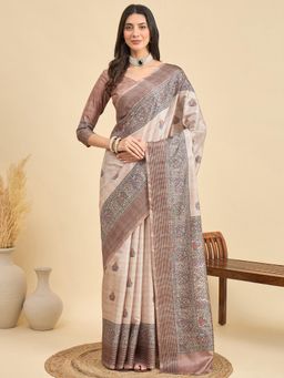 Akhilam - Women Manipuri Silk Beige Printed Saree with Unstitched Blouse