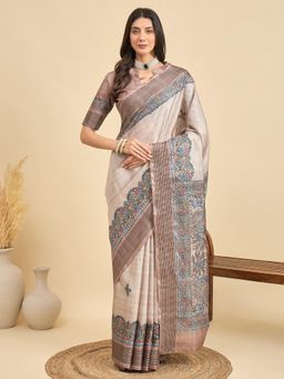 Akhilam - Women Manipuri Silk Beige Printed Saree with Unstitched Blouse
