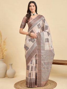 Akhilam - Women Manipuri Silk Beige Printed Saree with Unstitched Blouse