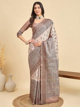 Akhilam - Women Manipuri Silk Beige Printed Saree with Unstitched Blouse