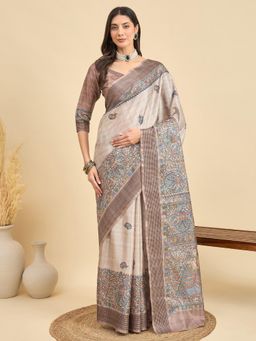Akhilam - Women Manipuri Silk Beige Printed Saree with Unstitched Blouse