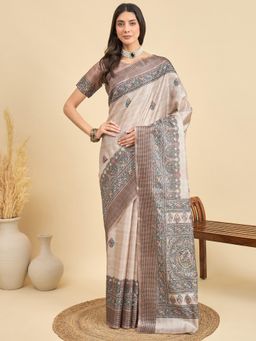 Akhilam - Women Manipuri Silk Beige Printed Saree with Unstitched Blouse