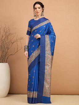 Akhilam - Women Manipuri Silk Dark Blue Printed Saree with Unstitched Blouse