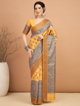 Akhilam - Women Manipuri Silk Yellow Printed Saree with Unstitched Blouse
