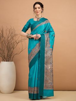 Akhilam - Women Manipuri Silk Blue Printed Saree with Unstitched Blouse