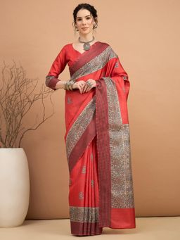 Akhilam - Women Manipuri Silk Red Printed Saree with Unstitched Blouse