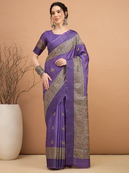 Akhilam - Women Manipuri Silk Purple Printed Saree with Unstitched Blouse