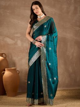 Sareemall - Women Chiffon Teal Blue Embellished Designer Saree with Unstitched Blouse