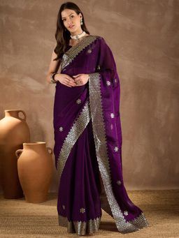 Sareemall - Women Chiffon Purple Embellished Designer Saree with Unstitched Blouse