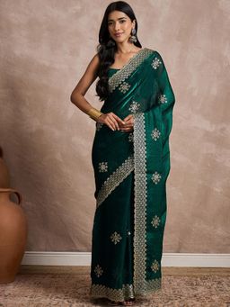 Sareemall - Women Chiffon Teal Green Embellished Designer Saree with Unstitched Blouse