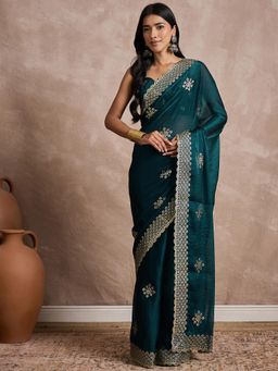 Sareemall - Women Chiffon Teal Blue Embellished Designer Saree with Unstitched Blouse