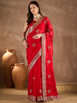 Sareemall - Women Chiffon Red Embellished Designer Saree with Unstitched Blouse