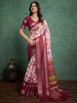 Akhilam - Women Soft Silk Mauve Printed Designer Saree with Unstitched Blouse
