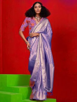 Akhilam - Women Tissue Aqua Woven Design Saree with Unstitched Blouse