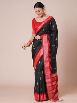 Akhilam - Women Silk Blend Black Woven Design Handloom Saree with Unstitched Blouse