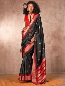 Akhilam - Women Silk Blend Black Woven Design Handloom Saree with Unstitched Blouse