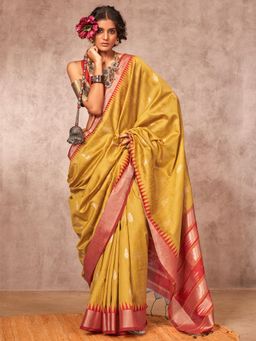 Akhilam - Women Silk Blend Yellow Woven Design Handloom Saree with Unstitched Blouse
