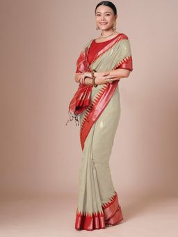 Akhilam - Women Silk Blend Beige Woven Design Handloom Saree with Unstitched Blouse