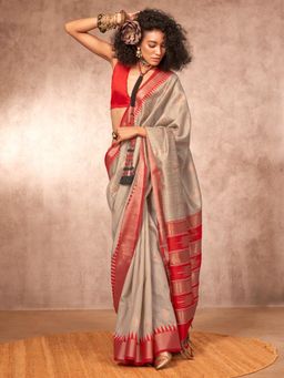 Akhilam - Women Silk Blend Beige Woven Design Handloom Saree with Unstitched Blouse