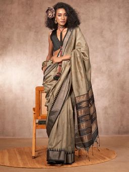 Akhilam - Women Silk Blend Beige Woven Design Handloom Saree with Unstitched Blouse