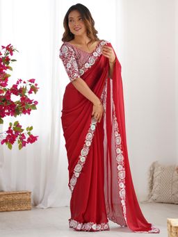 Akhilam - Women Satin Maroon Embellished Designer Saree with Unstitched Blouse