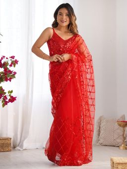 Akhilam - Women Net Red Embellished Designer Saree with Unstitched Blouse
