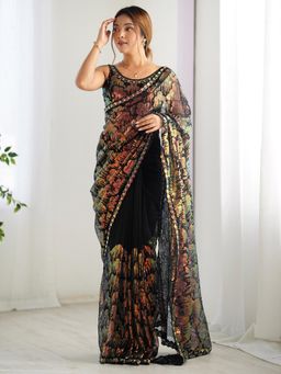 Akhilam - Women Net Black Embellished Designer Saree with Unstitched Blouse