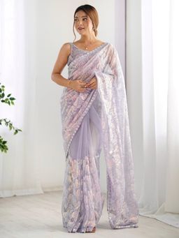 Akhilam - Women Net Lavendar Embellished Designer Saree with Unstitched Blouse