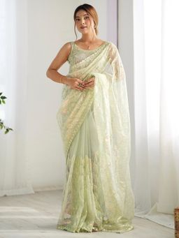 Akhilam - Women Net Light Green Embellished Designer Saree with Unstitched Blouse