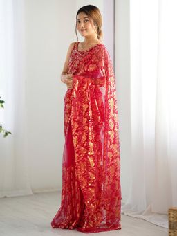 Akhilam - Women Net Red Embellished Designer Saree with Unstitched Blouse