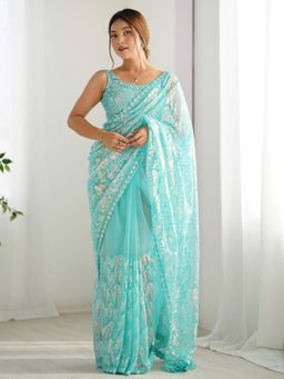 Akhilam - Women Net Light Blue Embellished Designer Saree with Unstitched Blouse