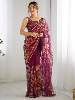 Akhilam - Women Net Magenta Embellished Designer Saree with Unstitched Blouse