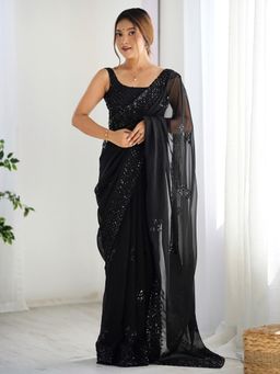 Akhilam - Women Georgette Black Embellished Designer Saree with Unstitched Blouse