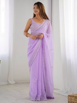 Akhilam - Women Georgette Lavendar Embellished Designer Saree with Unstitched Blouse