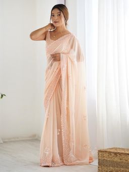 Akhilam - Women Georgette Peach Embellished Designer Saree with Unstitched Blouse