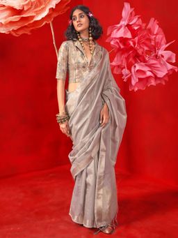 Sareemall - Women Tissue Grey Woven Design Designer Saree with Unstitched Blouse