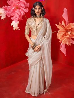 Sareemall - Women Tissue Cream Woven Design Designer Saree with Unstitched Blouse