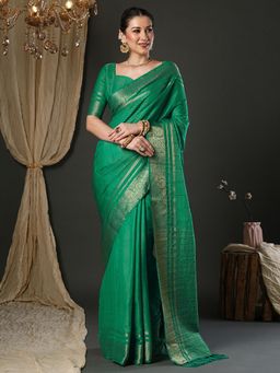 Akhilam - Women Viscose Teal Green Woven Design Designer Saree with Unstitched Blouse