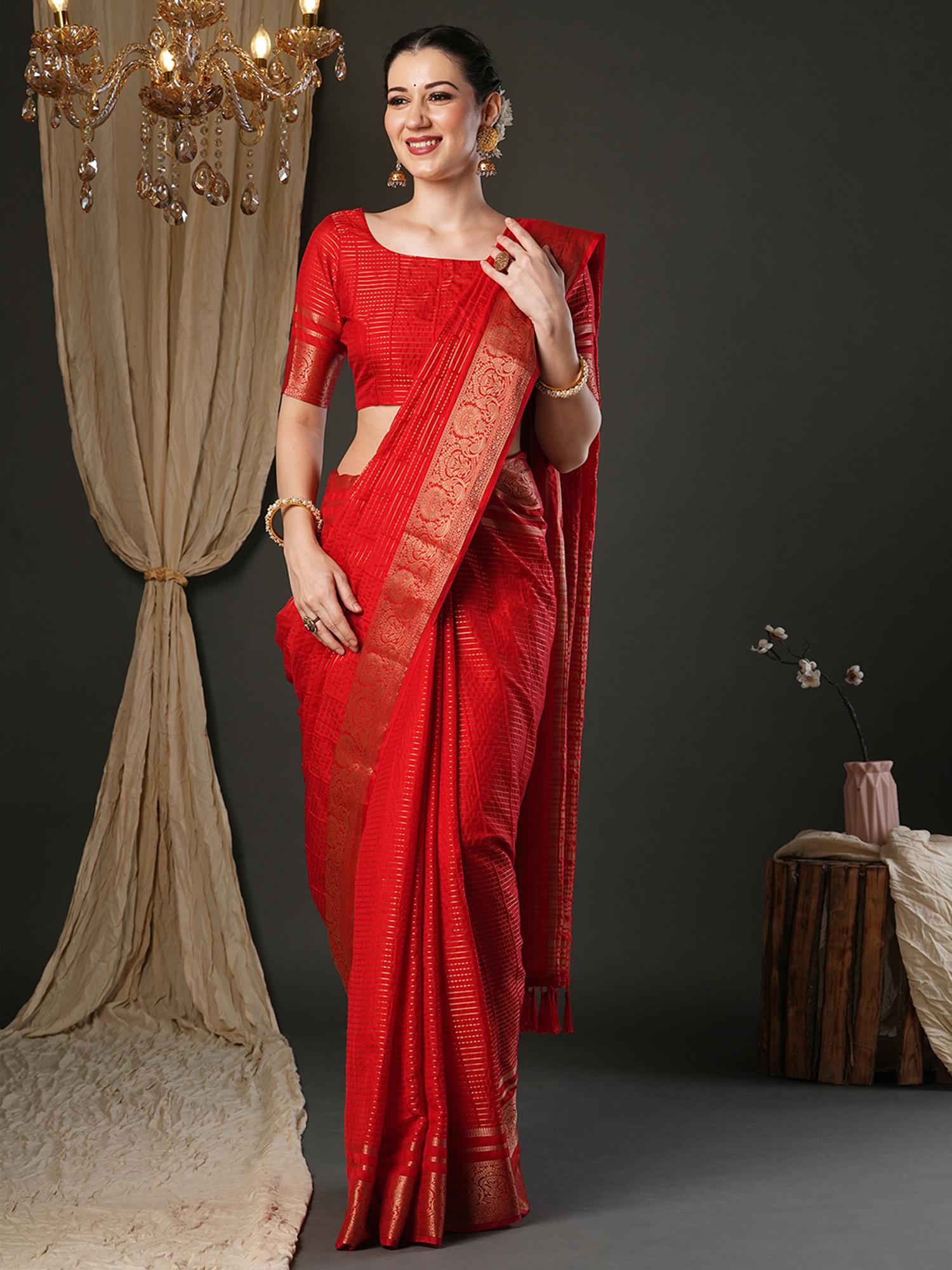 akhilam Women Viscose Red Woven Design Designer Saree with Unstitched Blouse-picture-13