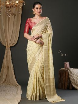 Akhilam - Women Pure Georgette Cream Woven Design Designer Saree with Unstitched Blouse