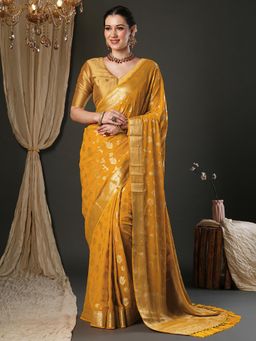 Akhilam - Women Pure Georgette Yellow Woven Design Saree with Unstitched Blouse
