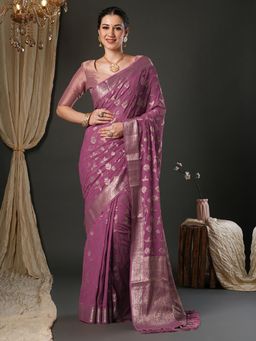 Akhilam - Women Pure Georgette Mauve Woven Design Saree with Unstitched Blouse